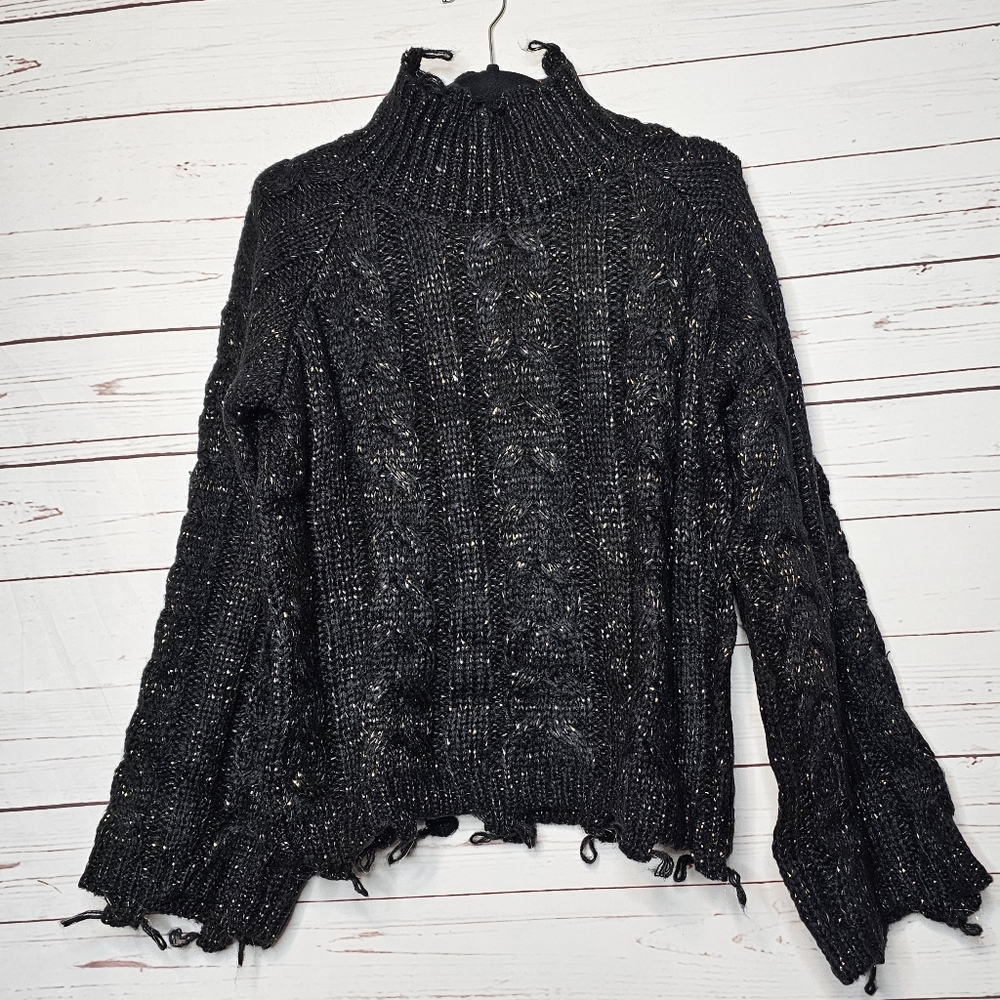 Neely Black Shimmer Cable Knit Distressed Sweater